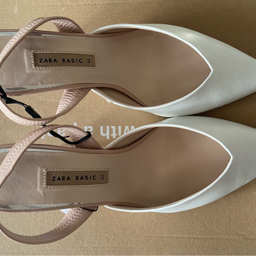 Zara white and nude kitten heel slingbacks size 42